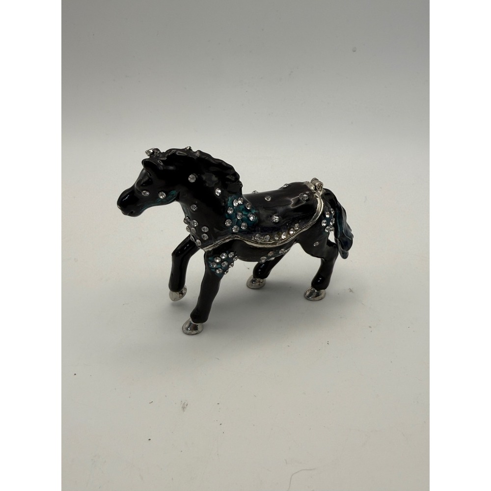 Work of Art Black Enamel Horse Trinket Box Bejeweled Crystal Stallion Figurine